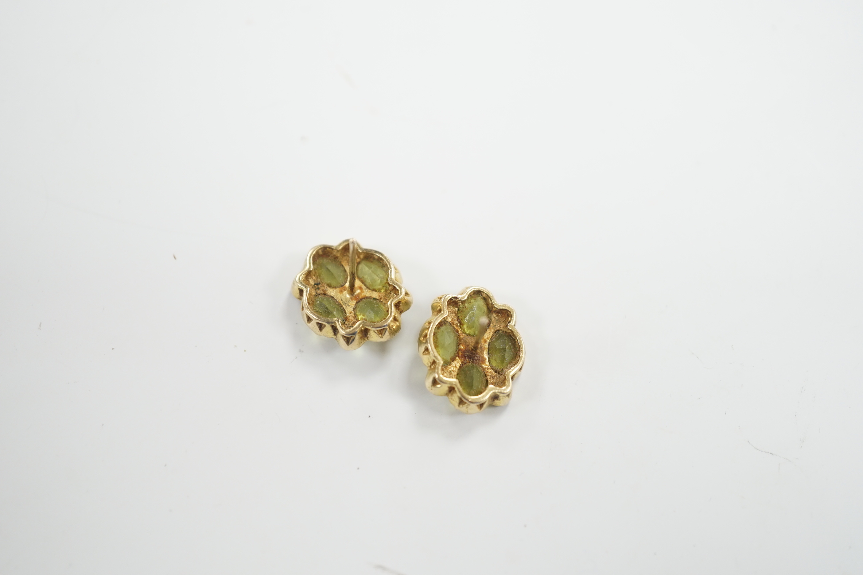 A pair of yellow metal, peridot and split pearl cluster set ear studs, 17mm, gross weight 6.1 grams.